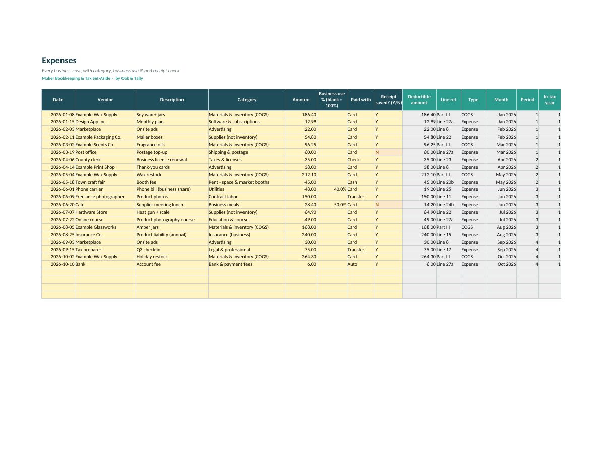 Expenses in Schedule C-style categories.
