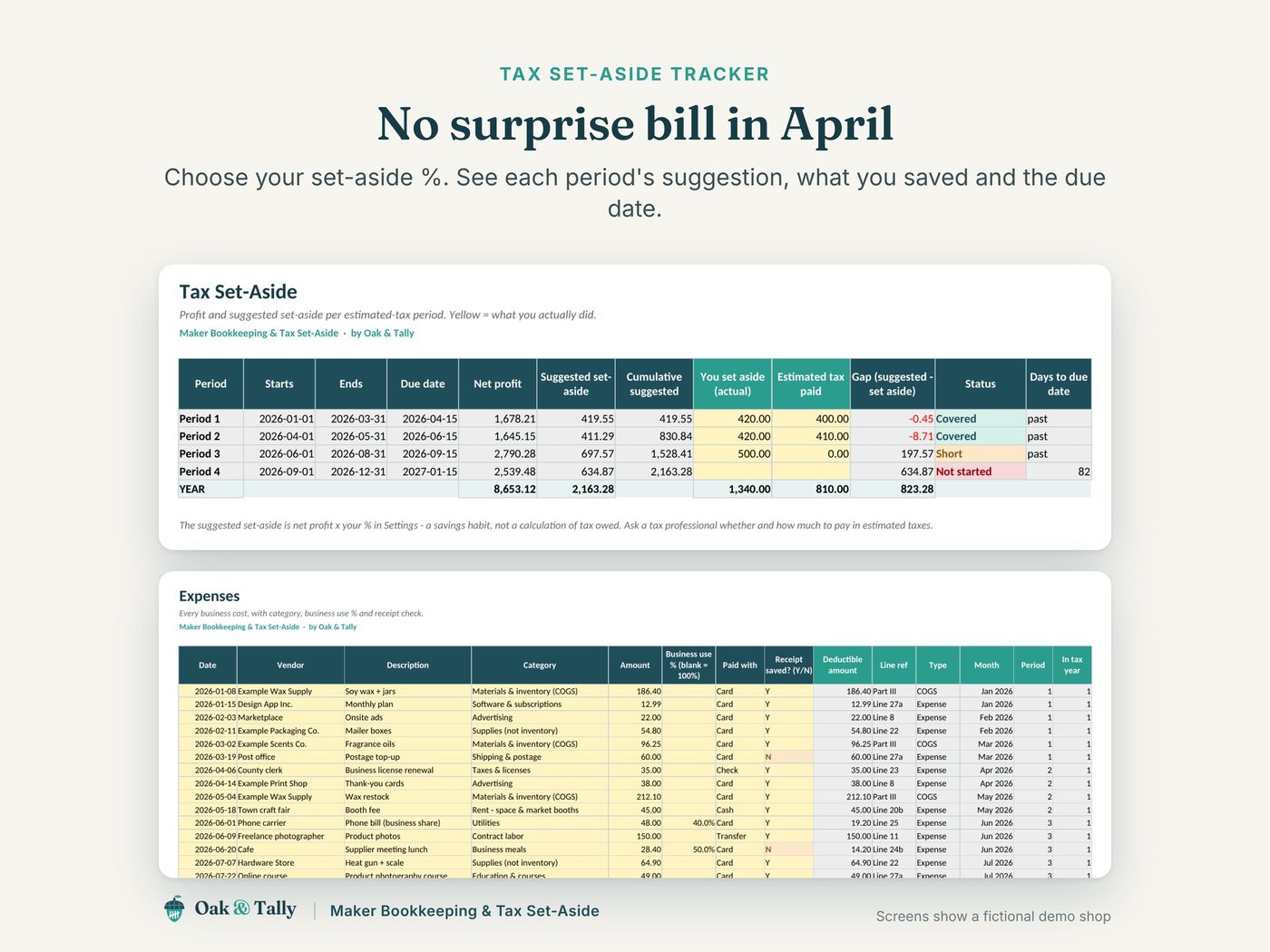 Set-aside per estimated-tax period (fictional demo shop).